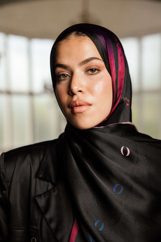 Onyx Insignia premium silk scarf with black, ember, violet, and sapphire artistic mulberry silk design by WOROOD