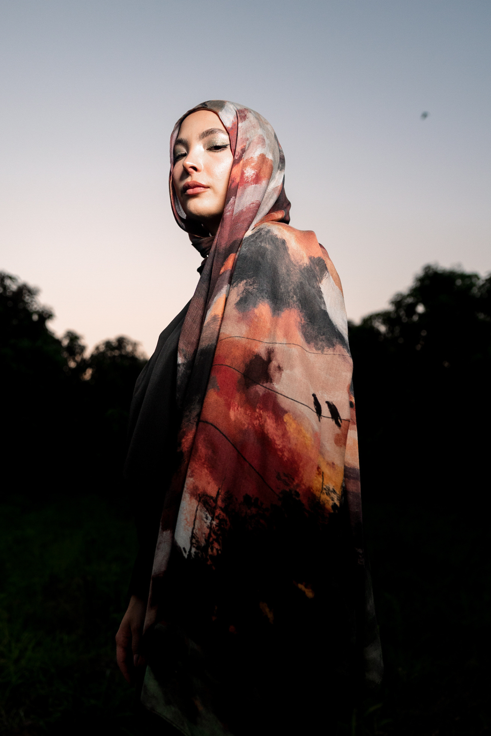 Oriana printed premium modal scarf with flowing horizon-inspired gradients, expressive brushwork, and lightweight breathable drape by WOROOD