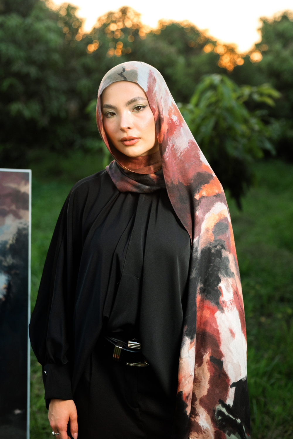 Oriana printed premium modal scarf with flowing horizon-inspired gradients, expressive brushwork, and lightweight breathable drape by WOROOD