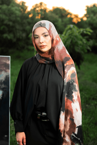 Oriana printed premium modal scarf with flowing horizon-inspired gradients, expressive brushwork, and lightweight breathable drape by WOROOD