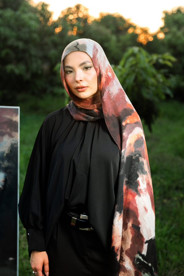 Oriana printed premium modal scarf with flowing horizon-inspired gradients, expressive brushwork, and lightweight breathable drape by WOROOD