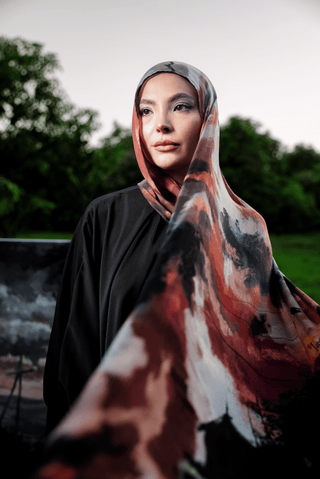 Oriana printed premium modal scarf with flowing horizon-inspired gradients, expressive brushwork, and lightweight breathable drape by WOROOD