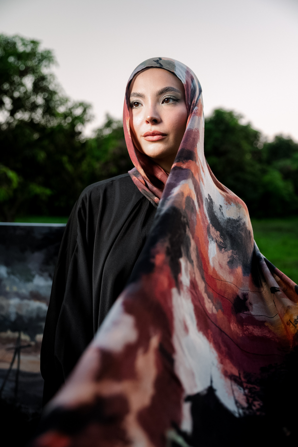 Oriana printed premium modal scarf with flowing horizon-inspired gradients, expressive brushwork, and lightweight breathable drape by WOROOD