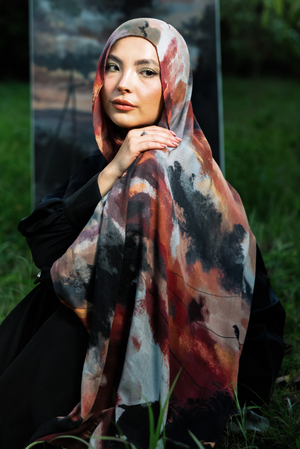 Oriana printed premium modal scarf with flowing horizon-inspired gradients, expressive brushwork, and lightweight breathable drape by WOROOD