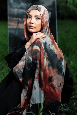 Oriana printed premium modal scarf with flowing horizon-inspired gradients, expressive brushwork, and lightweight breathable drape by WOROOD