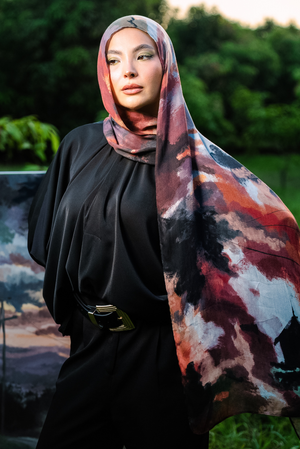 Oriana printed premium modal scarf with flowing horizon-inspired gradients, expressive brushwork, and lightweight breathable drape by WOROOD