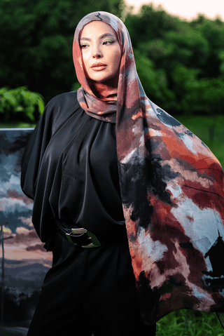 Oriana printed premium modal scarf with flowing horizon-inspired gradients, expressive brushwork, and lightweight breathable drape by WOROOD