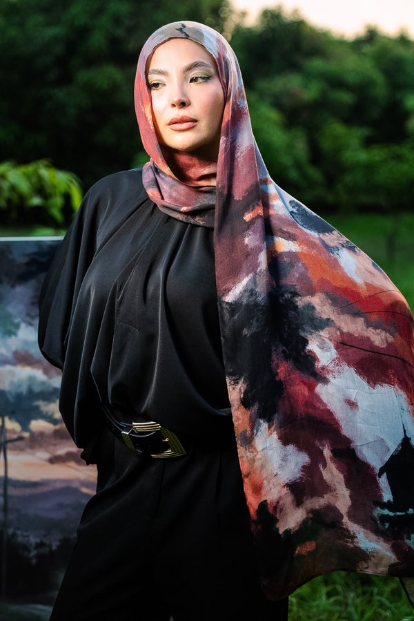 Oriana printed premium modal scarf with flowing horizon-inspired gradients, expressive brushwork, and lightweight breathable drape by WOROOD
