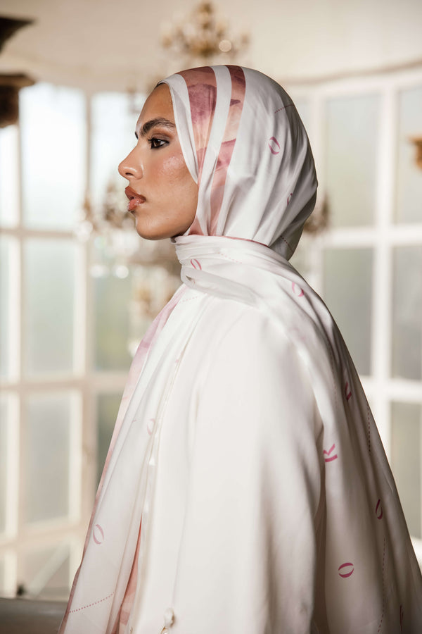 Rosé Insignia premium silk scarf with rose and ivory artistic mulberry silk design by WOROOD