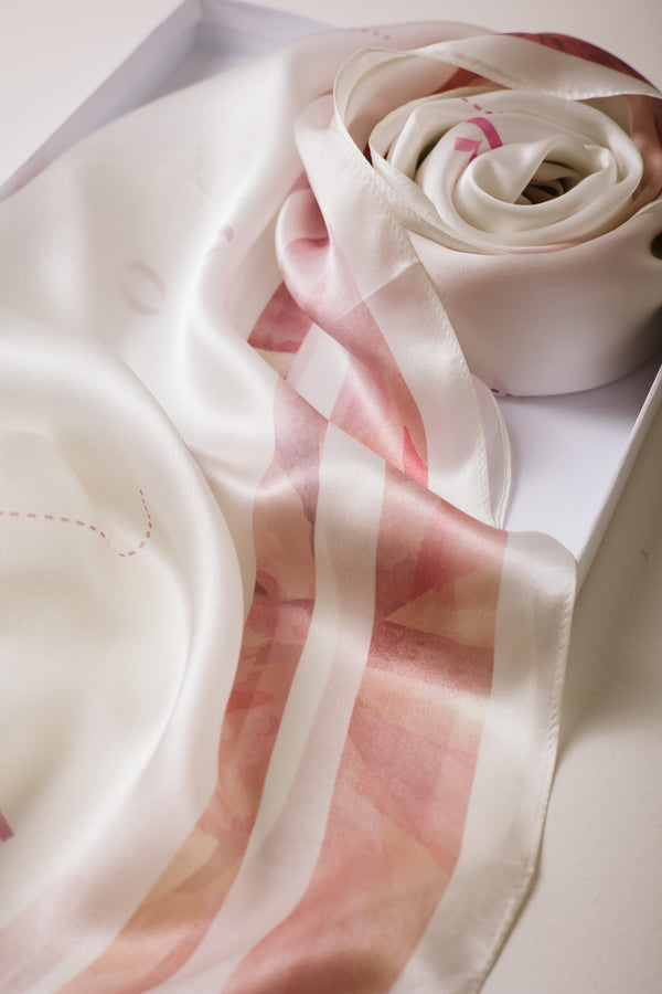 Rosé Insignia premium silk scarf with rose and ivory artistic mulberry silk design by WOROOD