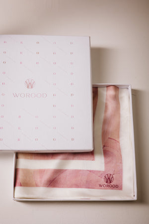 Rosé Insignia premium silk scarf with rose and ivory artistic mulberry silk design by WOROOD