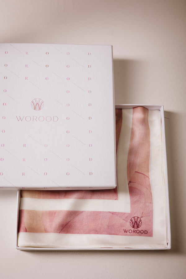 Rosé Insignia premium silk scarf with rose and ivory artistic mulberry silk design by WOROOD