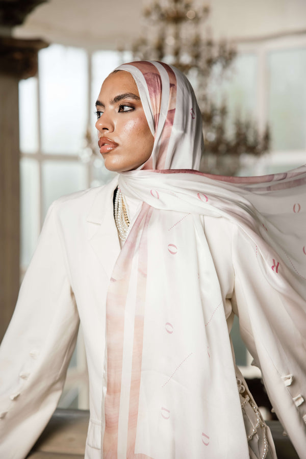 Rosé Insignia premium silk scarf with rose and ivory artistic mulberry silk design by WOROOD