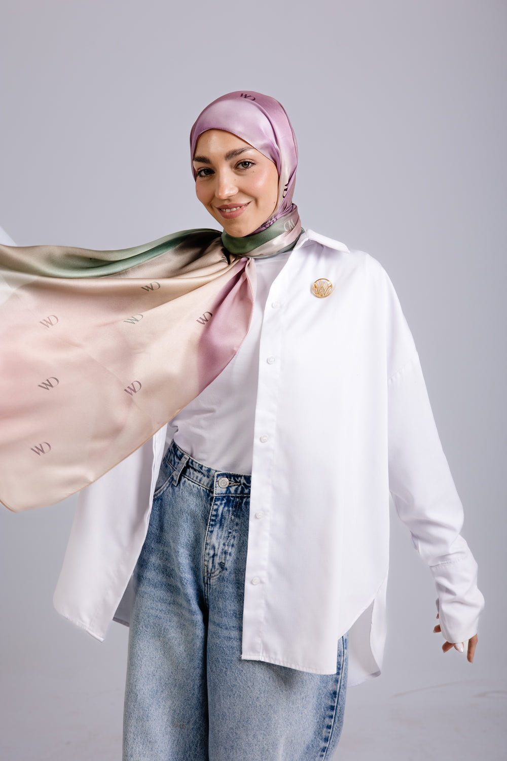 Rosée Pastel premium silk scarf with pink and green ombré mulberry silk drape by WOROOD