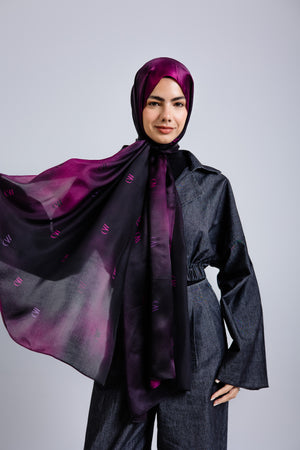 Rouge Nuit premium silk scarf with mulberry and black ombré mulberry silk drape by WOROOD