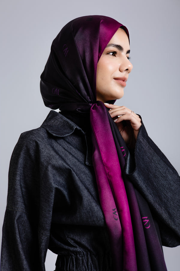 Rouge Nuit premium silk scarf with mulberry and black ombré mulberry silk drape by WOROOD