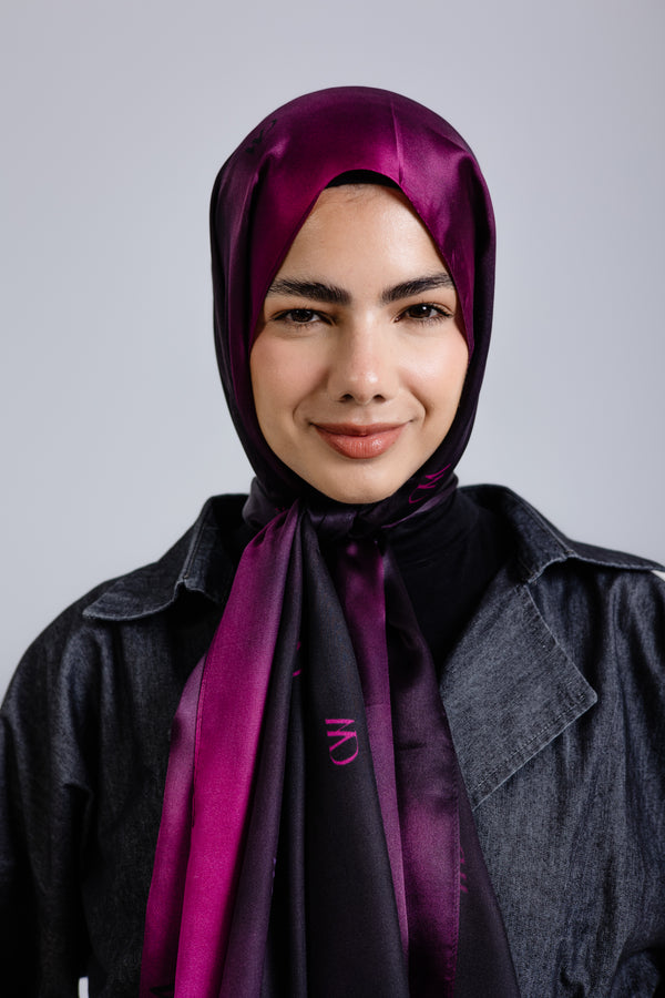Rouge Nuit premium silk scarf with mulberry and black ombré mulberry silk drape by WOROOD