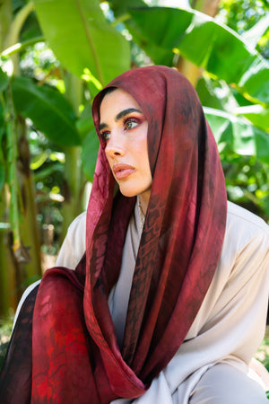 Sienna printed premium modal scarf with warm earth tones, expressive layered textures, and lightweight breathable drape by WOROOD