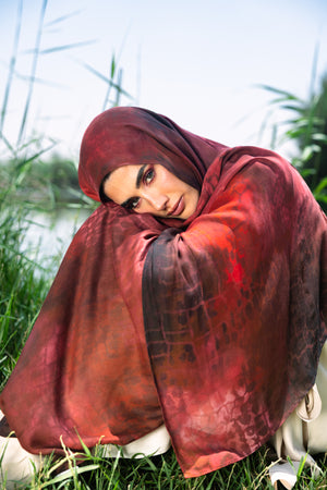 Sienna printed premium modal scarf with warm earth tones, expressive layered textures, and lightweight breathable drape by WOROOD