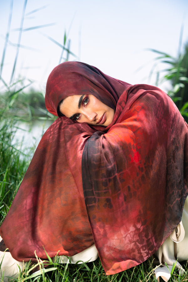 Sienna printed premium modal scarf with warm earth tones, expressive layered textures, and lightweight breathable drape by WOROOD