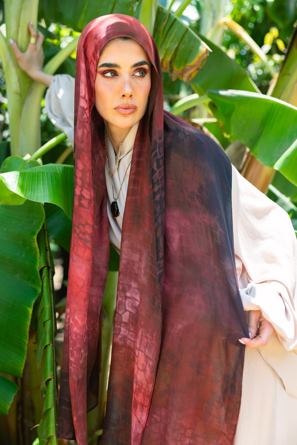 Sienna printed premium modal scarf with warm earth tones, expressive layered textures, and lightweight breathable drape by WOROOD