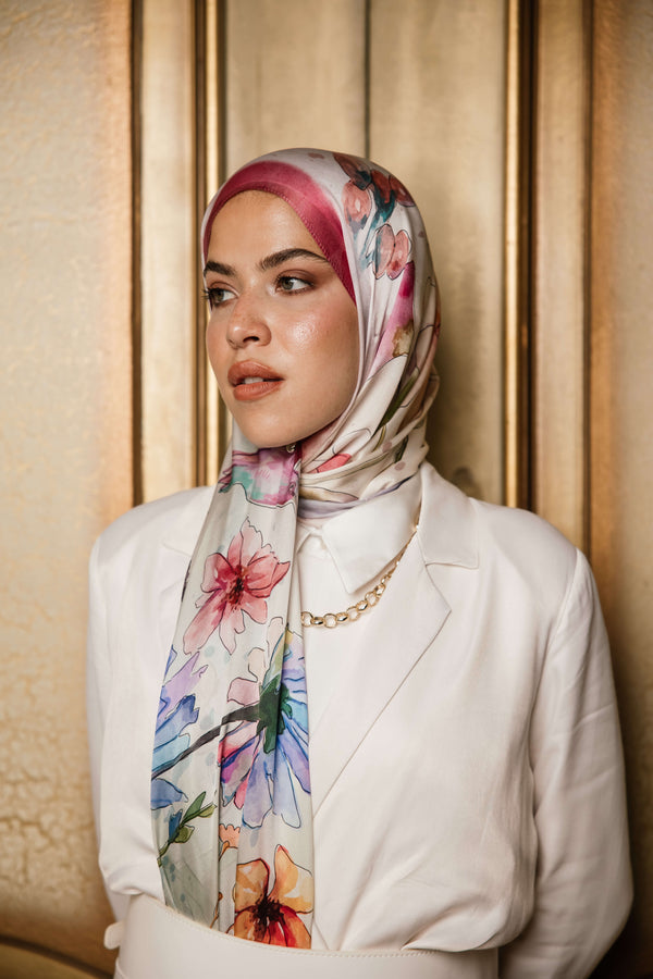 Silken Flora premium silk scarf with elegant floral mulberry silk design by WOROOD