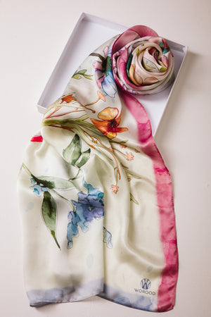 Silken Flora premium silk scarf with elegant floral mulberry silk design by WOROOD