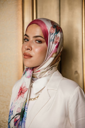 Silken Flora premium silk scarf with elegant floral mulberry silk design by WOROOD