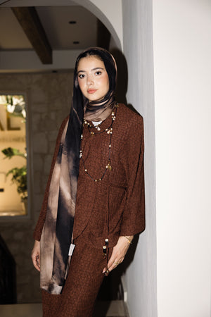 Sira printed a premium modal scarf styled as a breathable, lightweight hijab by WOROOD