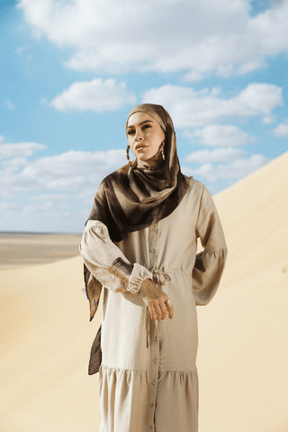 Sira printed a premium modal scarf styled as a breathable, lightweight hijab by WOROOD