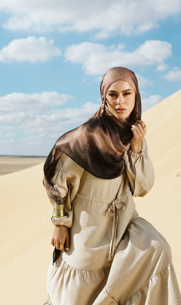 Sira printed a premium modal scarf styled as a breathable, lightweight hijab by WOROOD