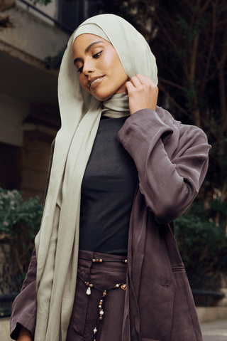 Soft Sage Premium Bamboo Scarf Set, a premium bamboo scarf with a bandana styled as a breathable, lightweight hijab set by WOROOD