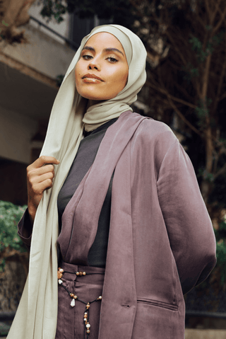 Soft Sage Premium Bamboo Scarf Set, a premium bamboo scarf with a bandana styled as a breathable, lightweight hijab set by WOROOD