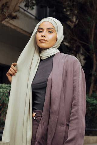 Soft Sage Premium Bamboo Scarf Set, a premium bamboo scarf with a bandana styled as a breathable, lightweight hijab set by WOROOD
