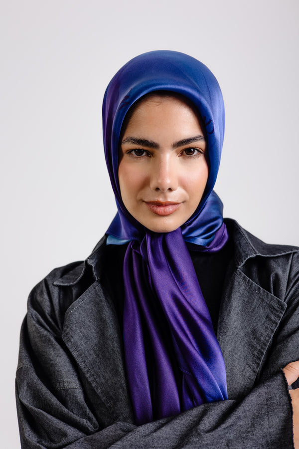 Worood Beaux Blue Silk Scarf Square – light blue silk scarf with soft glossy texture