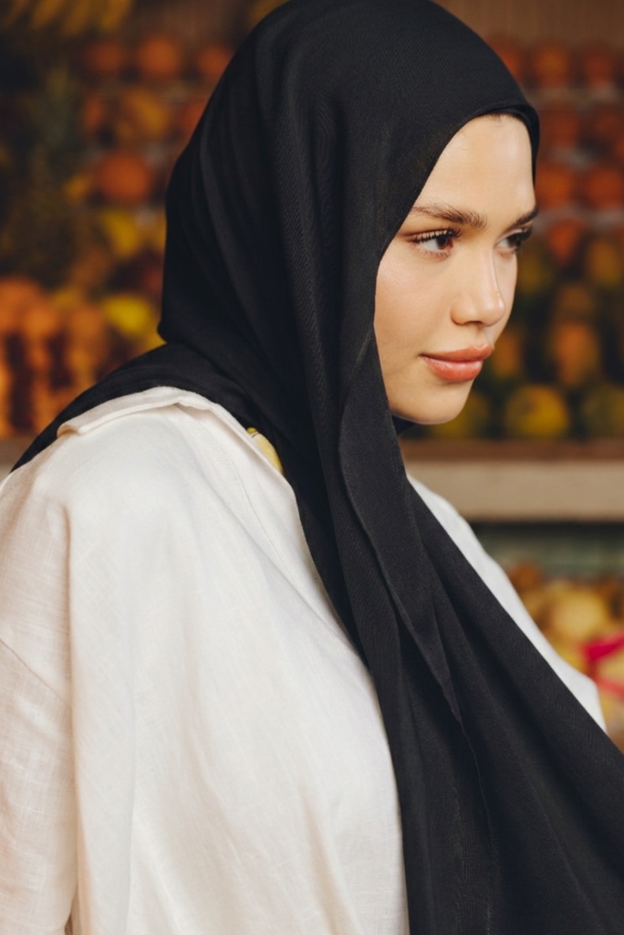Black premium bamboo scarf set with matching bamboo inner cap and breathable lightweight drape by WOROOD