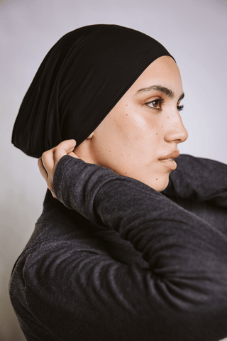 Black premium bamboo scarf set with matching bamboo inner cap and breathable lightweight drape by WOROOD