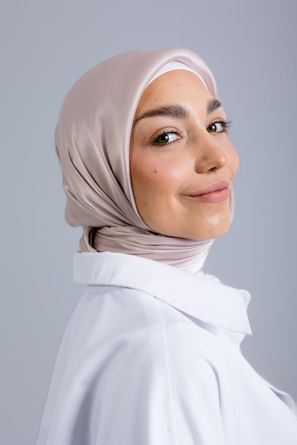 Worood Champagne Silk Scarf Square – champagne silk scarf with soft golden tone