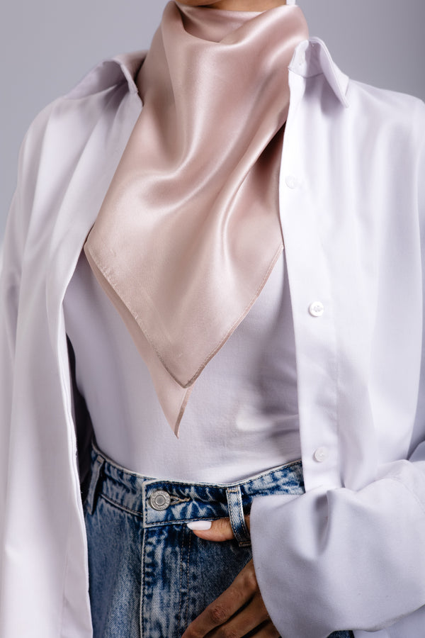 Worood Champagne Silk Scarf Square – champagne silk scarf with soft golden tone