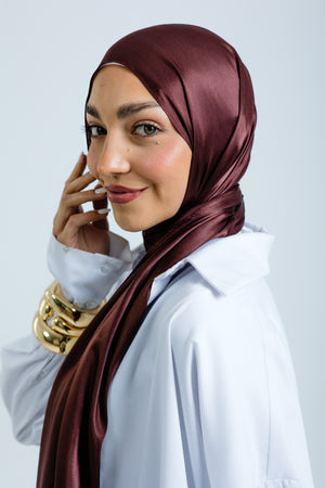 Worood Chocolate Silk Scarf Square – deep chocolate brown silk scarf with soft sheen