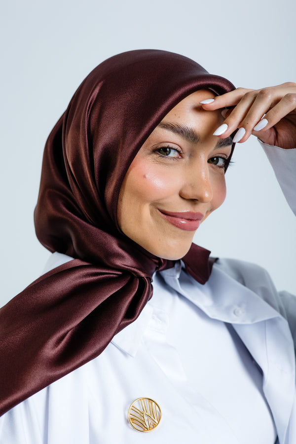 Worood Chocolate Silk Scarf Square – deep chocolate brown silk scarf with soft sheen- وشاح حريري مربع Chocolate من Worood – وشاح حريري بني داكن بلون الشوكولاتة مع لمعة ناعمة 