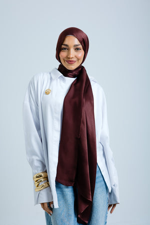 Worood Chocolate Silk Scarf Square – deep chocolate brown silk scarf with soft sheen