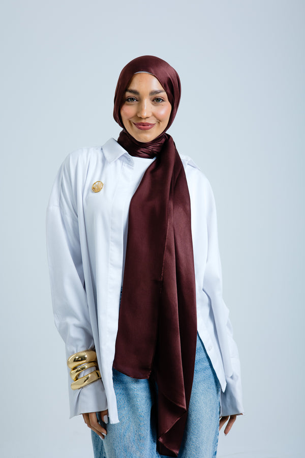 Worood Chocolate Silk Scarf Square – deep chocolate brown silk scarf with soft sheen