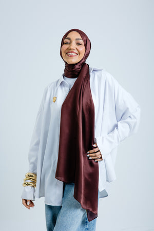 Worood Chocolate Silk Scarf Square – deep chocolate brown silk scarf with soft sheen