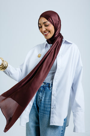 Worood Chocolate Silk Scarf Square – deep chocolate brown silk scarf with soft sheen