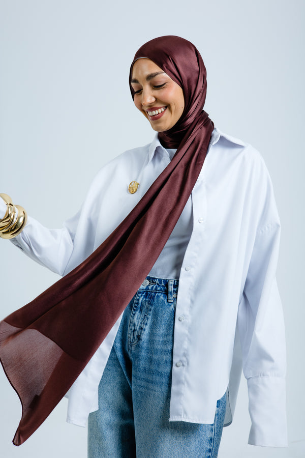 Worood Chocolate Silk Scarf Square – deep chocolate brown silk scarf with soft sheen