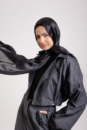 Worood Dark Black Silk Scarf Rectangle – solid black silk scarf with smooth luxurious texture