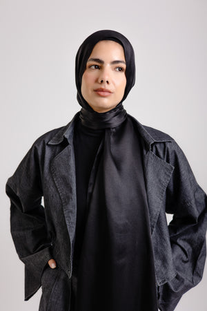 Worood Dark Black Silk Scarf Rectangle – solid black silk scarf with smooth luxurious texture