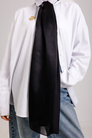 Worood Dark Black Silk Scarf Rectangle – solid black silk scarf with smooth luxurious texture