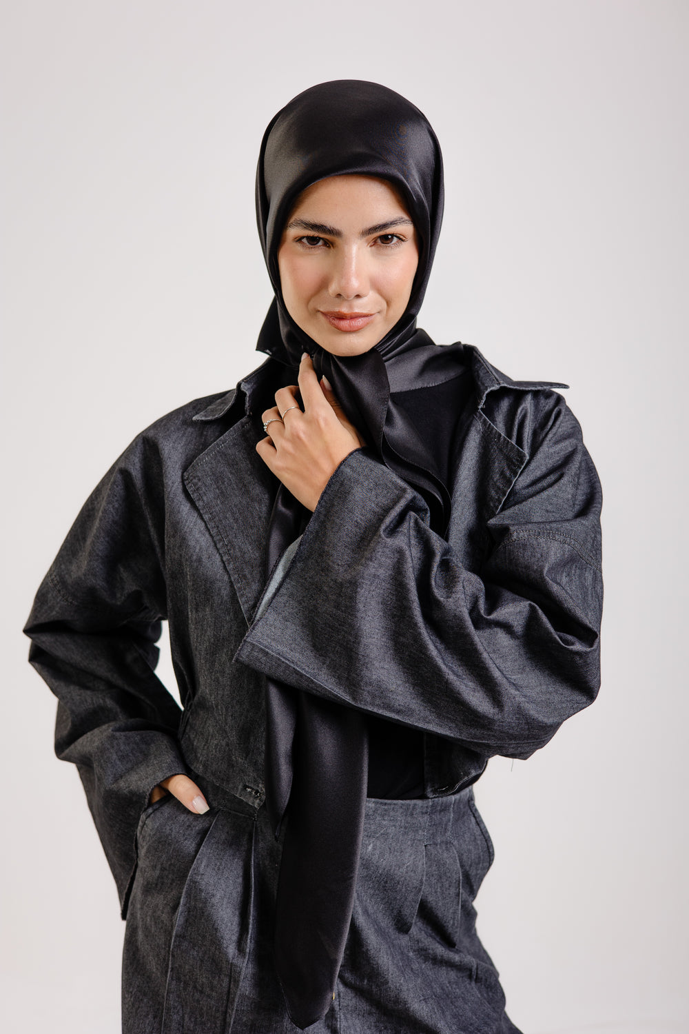 Worood Dark Black Silk Scarf Square – solid black silk scarf with smooth luxurious texture